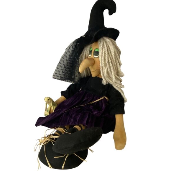Monnie Wilson Witch Rag Doll Velvet Dress Yarn Hair Frog Signed 2010 Halloween - Picture 2 of 11